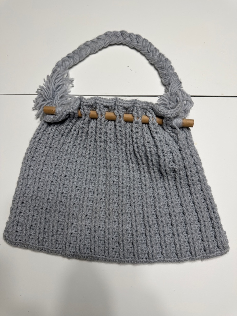 Handcrafted Gray Knit Tote Bag with Wooden Accent